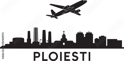 Ploiesti Skyline Line Art with Airplane. Vector black silhouette