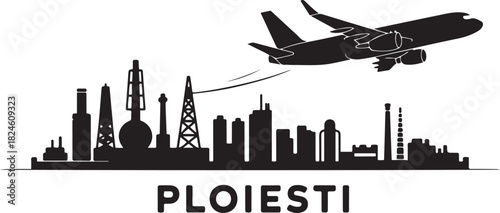 Ploiesti Skyline Line Art with Airplane. Vector black silhouette