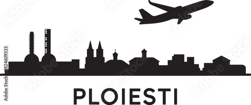 Ploiesti Skyline Line Art with Airplane. Vector black silhouette