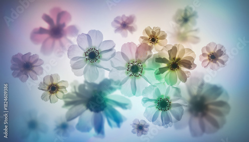 Dreamy and minimalist botanical backdrop of blurred flower shapes drifting in soft glow. This serene and gentle abstract floral pattern evokes calm and ethereal feeling