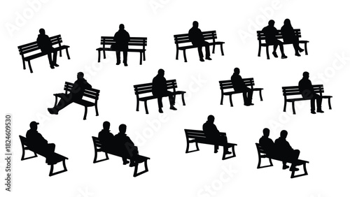 Silhouettes of people on benches isolated on white background, Vector