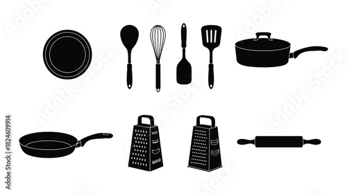 Collection of kitchen utensils and cookware silhouettes