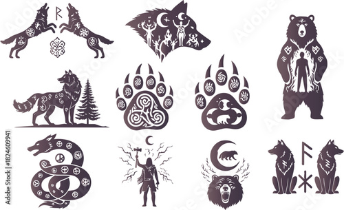 Mystical collection of animal symbols and runes in a vintage engraved style art