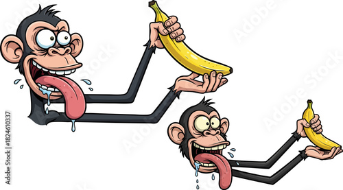 Cartoon monkey holding a banana with a funny expression and long tongue sticking out
