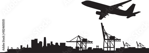 Talcahuano skyline illustration with port cranes and airplane. Vector black silhouette