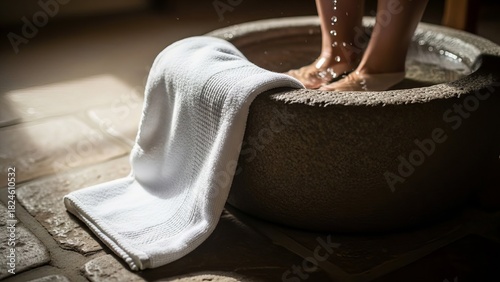 Feet washing in a basin symbolizes humility and reflection during Maundy Thursday in soft natural light on a stone floor