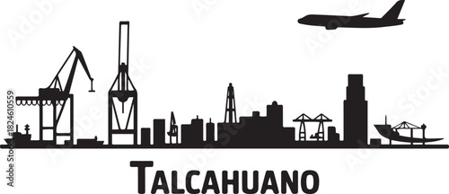 Talcahuano skyline illustration with port cranes and airplane. Vector black silhouette