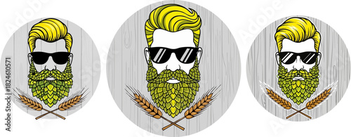 Three hipster beer logos with hop beards and wheat stalks on a dark background