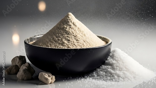 A dark bowl filled with light colored powder next to a pile of white granular substance and small brown chunks