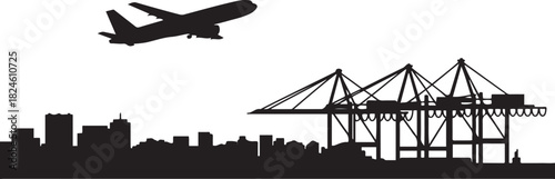Talcahuano skyline illustration with port cranes and airplane. Vector black silhouette