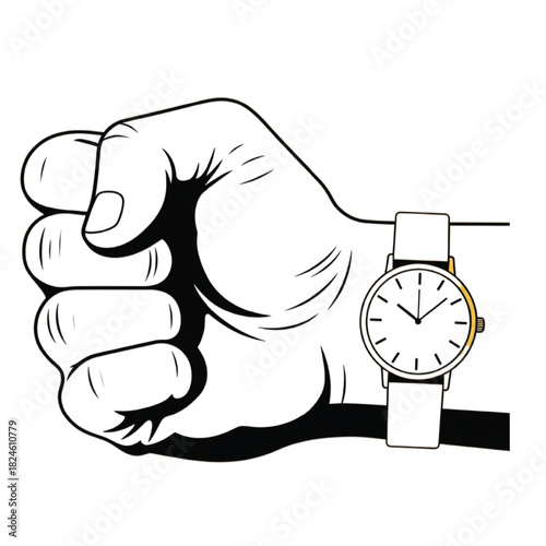 Black and White Illustration of a Clenched Fist Wearing a Wristwatch hand gesture