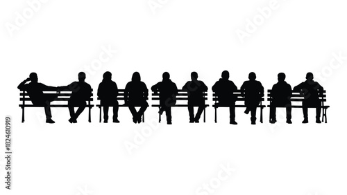 Group of people sitting on benches silhouette isolated on white background, Vector