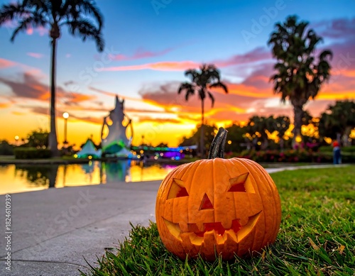 Carved pumpkin sits in grass, with a sunset over water