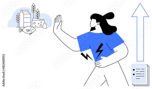 Woman holding hand up toward allergenic foods thumbs up fish, milk, cheese, and wheat, emphasizing dietary awareness and rejecting allergens. Ideal for health, nutrition, awareness, diet management