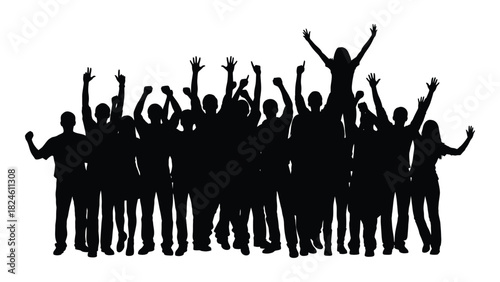 Jubilant crowd silhouette isolated on white background, Vector