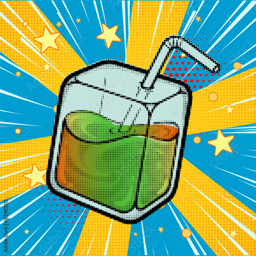 A colorful juice box with a straw in a retro pop art comic style with a halftone effect on a starburst background, vector illustration