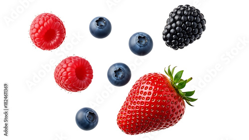Assorted Berries Floating Against Black Background