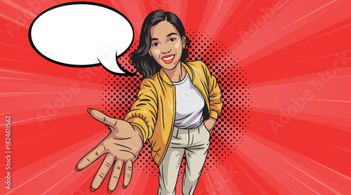 Beautiful elegant Asian woman in pop art style with speech bubble. Pop art in comic style.