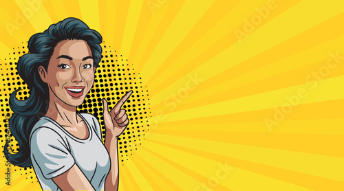 Beautiful elegant Asian woman smiling in pop art style. Pop art in comic style.