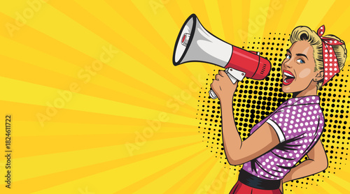 A beautiful pop art woman with a loudspeaker. Comic book style pop art.
