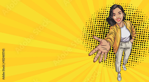 Beautiful elegant Asian woman in pop art style. Pop art in comic style.