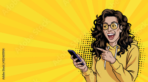 A beautiful pop art woman with a phone and smiling. Pop art in comic style.