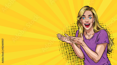 Beautiful blonde woman in pop art style laughs and shows Pop art in comic style.