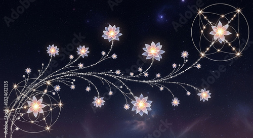 A magical glowing vine of crystal lotus flowers with sacred geometry symbols against a cosmic background.