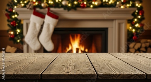 Cozy christmas fireplace with stockings and wooden table foreground