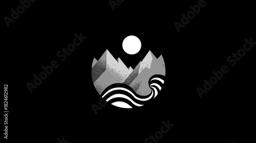 Abstract monochrome mountain peaks, flowing river, and sun icon in a circular design on a black background. Minimalist nature emblem.