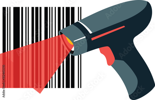 Barcode Scanner Scanning Bar Code on Background for Retail Product or Supermarket With Red Laser Vector Flat Design Illustration