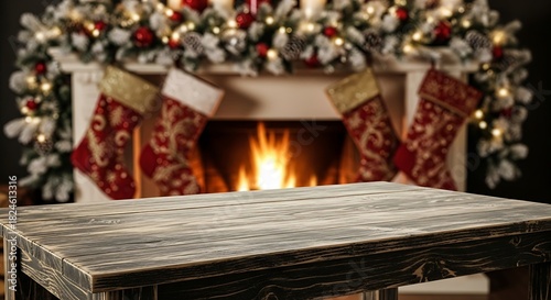 Cozy christmas fireplace with stockings and empty wooden table