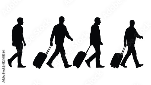 Men traveling with luggage silhouettes isolated on white background, Vector