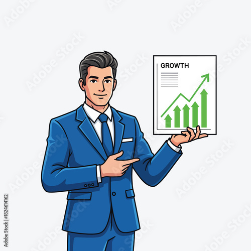 Confident Businessman Presenting Growth Chart Analysis with Positive Outlook