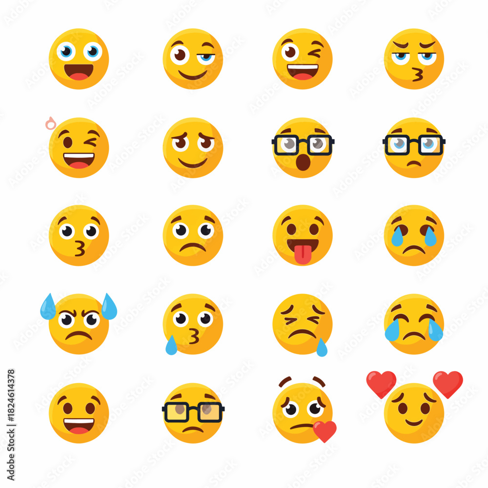 Obraz premium A vibrant collection of diverse cartoon emoji faces depicting a wide range of emotions and expressions, perfect for digital communication and graphic design projects