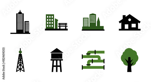 Urban and rural infrastructure icons set: buildings, utilities, nature in modern silhouette style