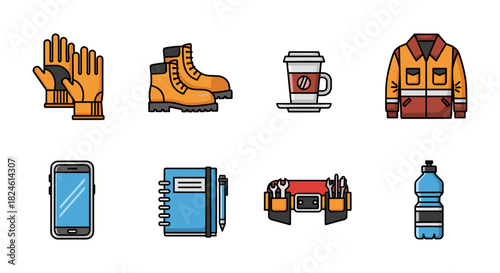 Essential work tools and safety gear icons set in colorful flat style