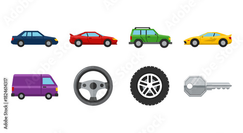 Colorful car icons collection including wheel and key elements for automotive design