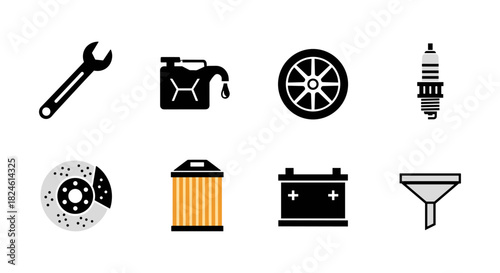 Automotive icons: tools, parts, and accessories in flat design style
