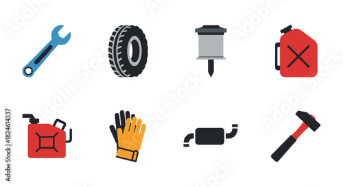 Flat design icons of automotive tools and parts for repair and maintenance