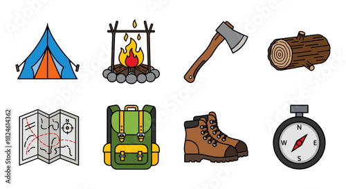 Camping adventure icons: tent, campfire, axe, backpack, hiking boots, map, log, compass