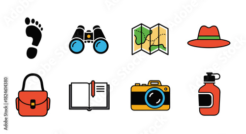 Colorful travel icons set: adventure symbols for exploration enthusiasts