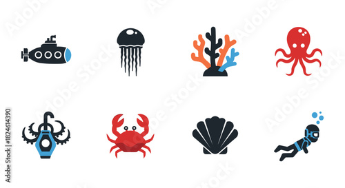 Colorful marine life icons featuring submarine, jellyfish, coral, crab, shell, and diver