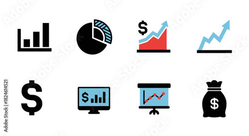 Icon set: financial growth symbols and chart images for analytics and business