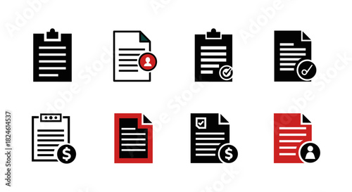Document icon set: simple black and red designs with diverse themes