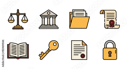 Legal and administrative icons set featuring scale, documents, and security elements