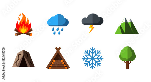 Flat camping and weather icons set featuring fire, clouds, and nature elements