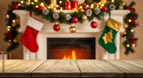 Cozy christmas fireplace with stockings and warm lights, wooden table foreground