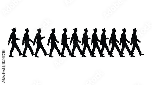 Synchronized marching silhouettes isolated on white background, Vector