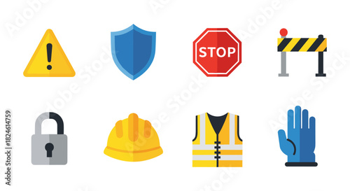 Diverse safety icons set featuring flat designs for construction and road safety